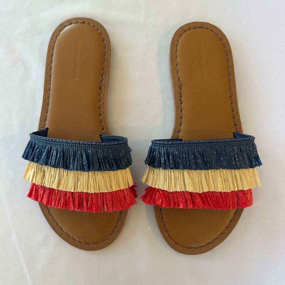 Vineyard Vines Women’s Straw Slide Sandals in Blue, Cream & Red Fringe     Sz. 7
